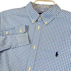 Ralph Lauren Kids XL Button Down Shirt Blue White Gingham Check Natural Stretch